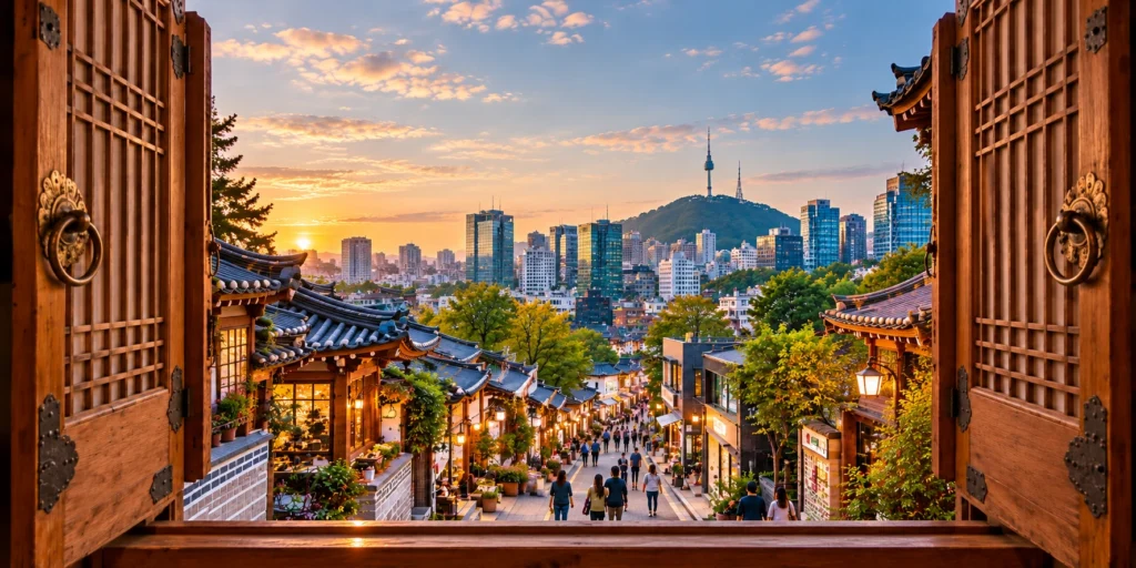 Illustration of traditional Korean hanok doors opening onto a lively Seoul-inspired streetscape with modern buildings and N Seoul Tower